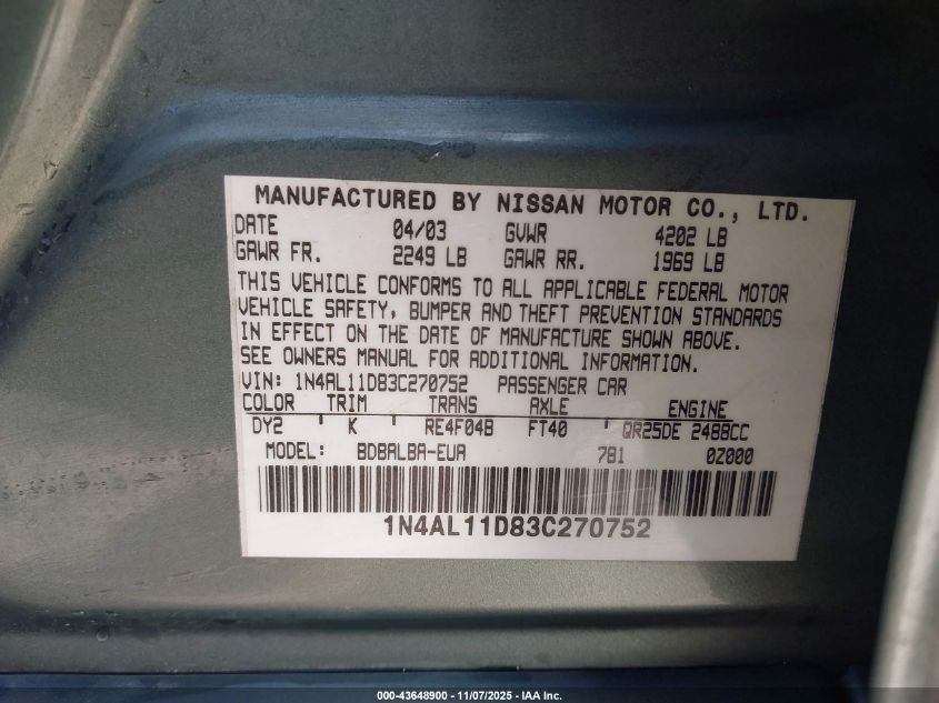 2003 Nissan Altima 2.5 S VIN: 1N4AL11D83C270752 Lot: 43648900