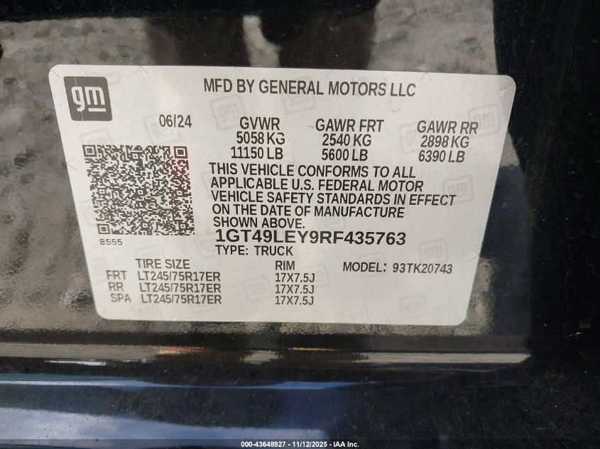 2024 GMC Sierra 2500Hd 4Wd Standard Bed Pro VIN: 1GT49LEY9RF435763 Lot: 43648927
