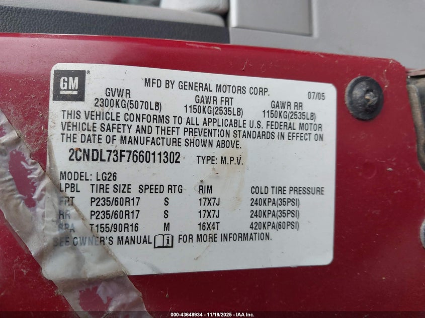 2006 Chevrolet Equinox Lt VIN: 2CNDL73F766011302 Lot: 43648934