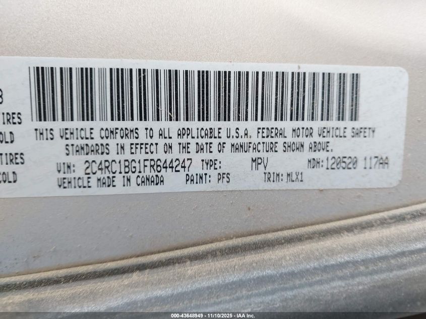 2015 Chrysler Town & Country Touring VIN: 2C4RC1BG1FR644247 Lot: 43648949