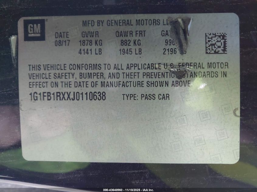2018 Chevrolet Camaro 1Lt VIN: 1G1FB1RXXJ0110638 Lot: 43648960