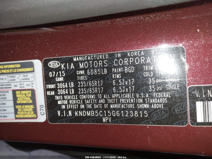 KNDMB5C15G6123815 2016 KIA SEDONA photo no. 9