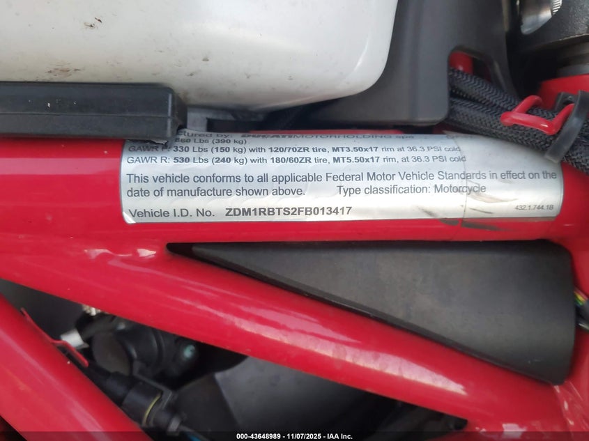 2015 Ducati Monster 821 VIN: ZDM1RBTS2FB013417 Lot: 43648989