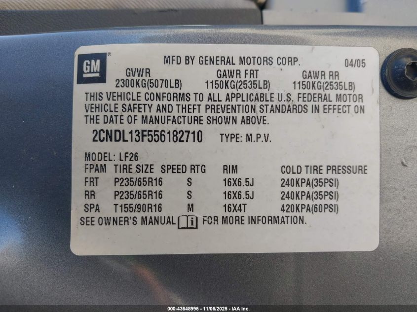 2005 Chevrolet Equinox Ls VIN: 2CNDL13F556182710 Lot: 43648996