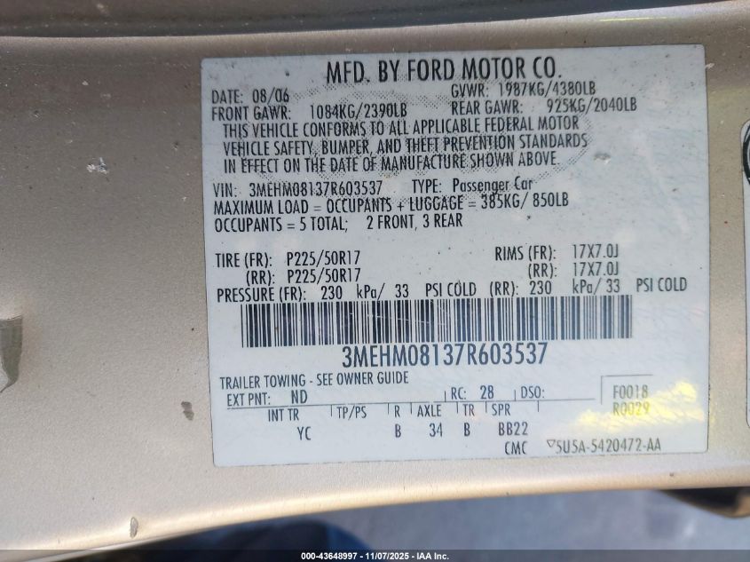 2007 Mercury Milan V6 Premier VIN: 3MEHM08137R603537 Lot: 43648997