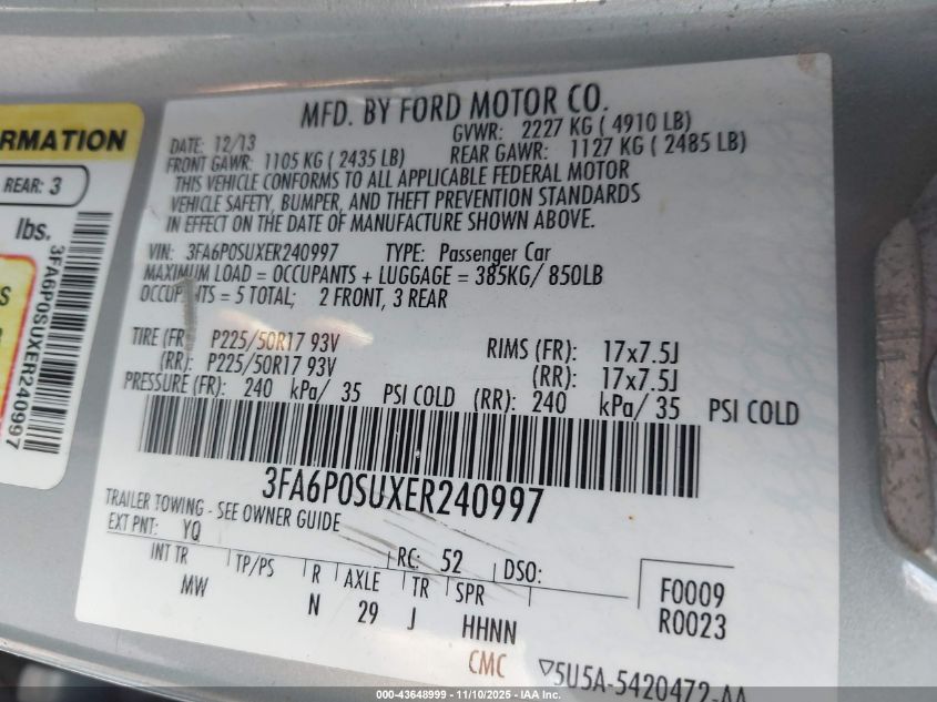 2014 Ford Fusion Energi Titanium VIN: 3FA6P0SUXER240997 Lot: 43648999