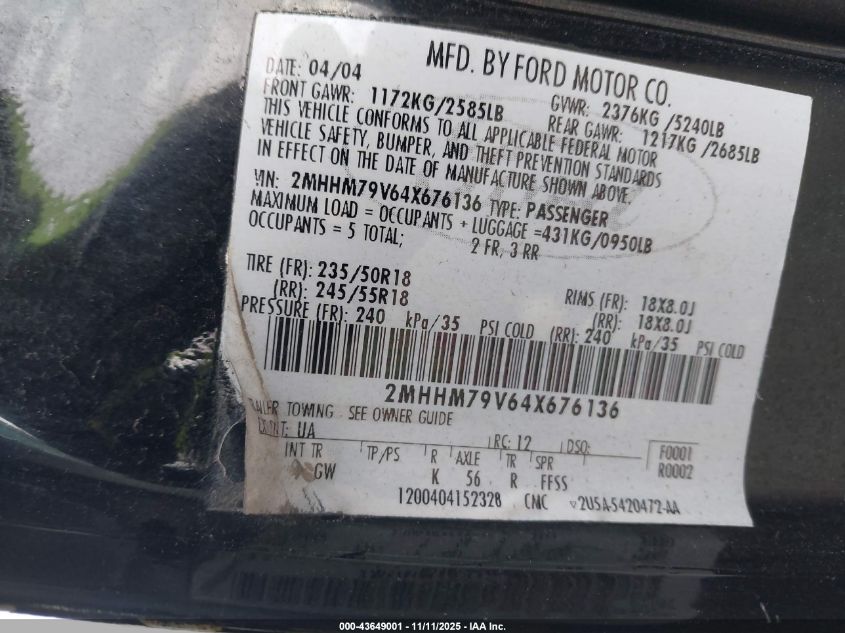 2004 Mercury Marauder VIN: 2MHHM79V64X676136 Lot: 43649001