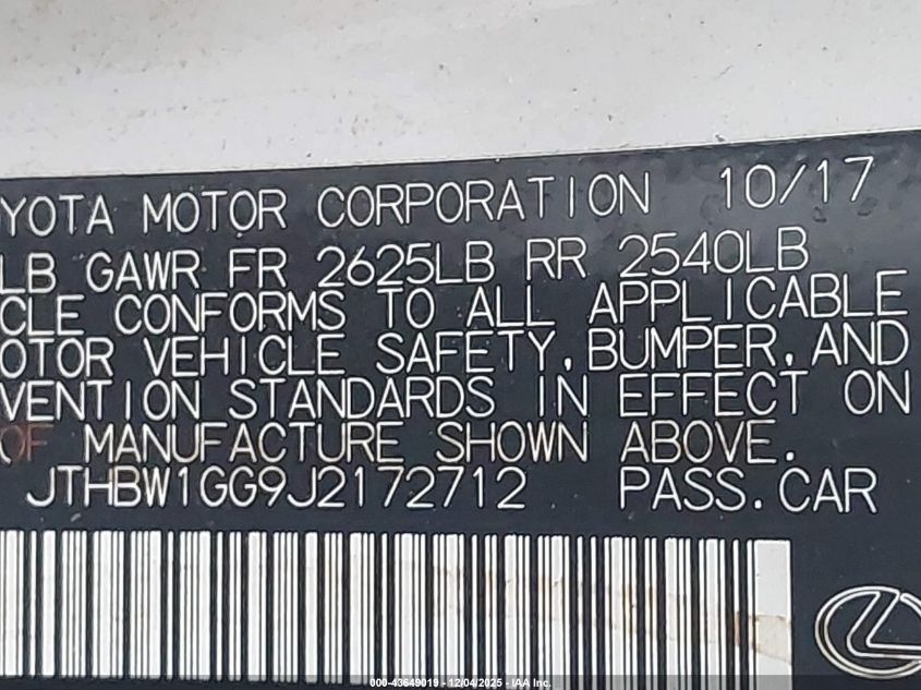 2018 Lexus Es 300H VIN: JTHBW1GG9J2172712 Lot: 43649019