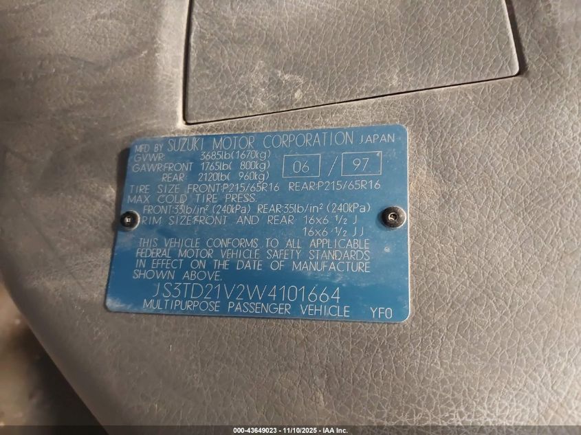 1998 Suzuki Sidekick Jlx Sport/Jx Sport VIN: JS3TD21V2W4101664 Lot: 43649023