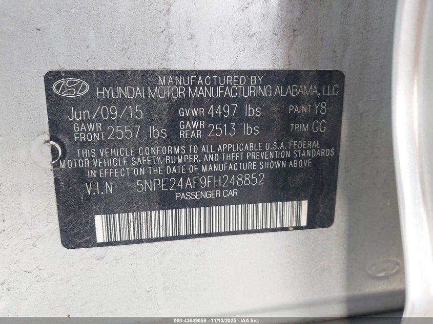 2015 HYUNDAI SONATA SE 5NPE24AF9FH248852