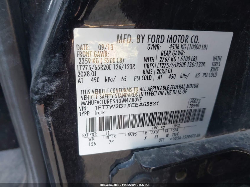 2014 Ford F-250 Lariat VIN: 1FT7W2BTXEEA65531 Lot: 43649062