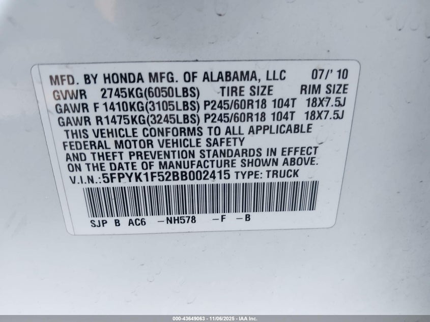 2011 Honda Ridgeline Rtl VIN: 5FPYK1F52BB002415 Lot: 43649063