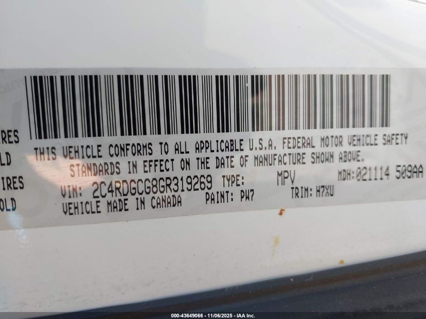 2016 Dodge Grand Caravan Sxt VIN: 2C4RDGCG8GR319269 Lot: 43649066