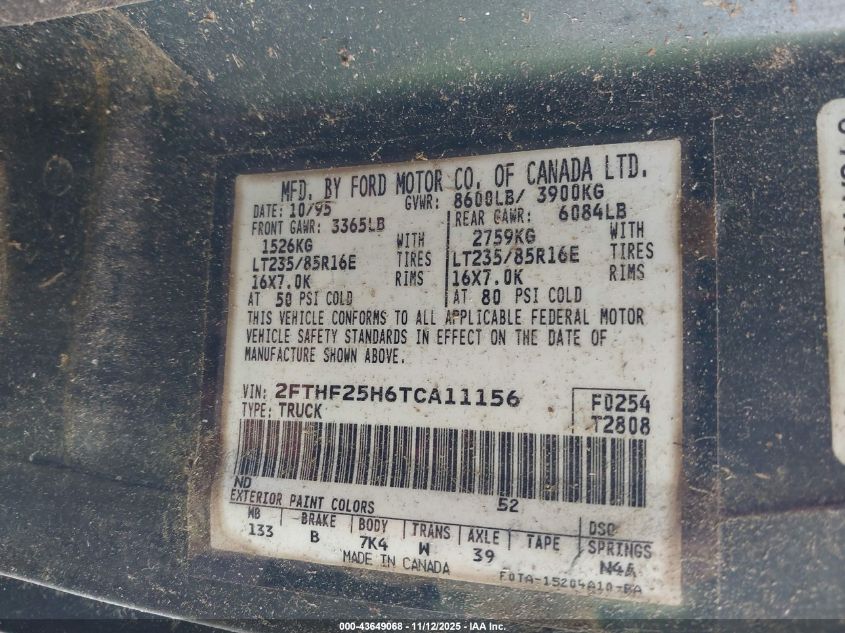 1996 Ford F250 VIN: 2FTHF25H6TCA11156 Lot: 43649068
