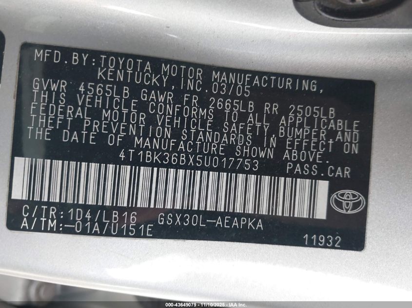 2005 Toyota Avalon Limited VIN: 4T1BK36BX5U017753 Lot: 43649079