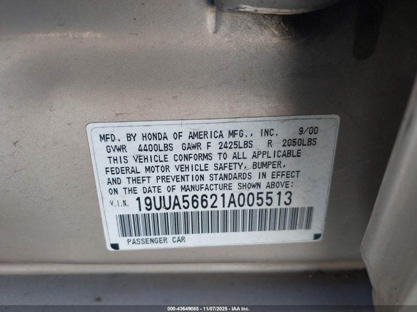 2001 Acura Tl 3.2 VIN: 19UUA56621A005513 Lot: 43649085