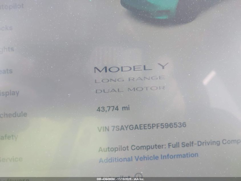 2023 Tesla Model Y Awd/Long Range Dual Motor All-Wheel Drive VIN: 7SAYGAEE5PF596536 Lot: 43649088