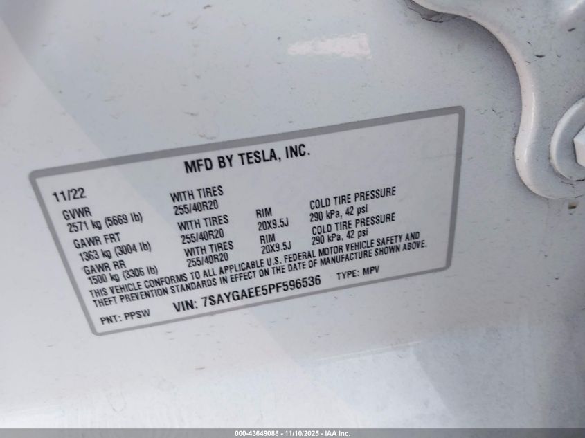 2023 Tesla Model Y Awd/Long Range Dual Motor All-Wheel Drive VIN: 7SAYGAEE5PF596536 Lot: 43649088