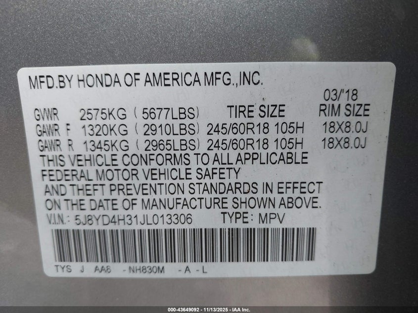 2018 Acura Mdx VIN: 5J8YD4H31JL013306 Lot: 43649092
