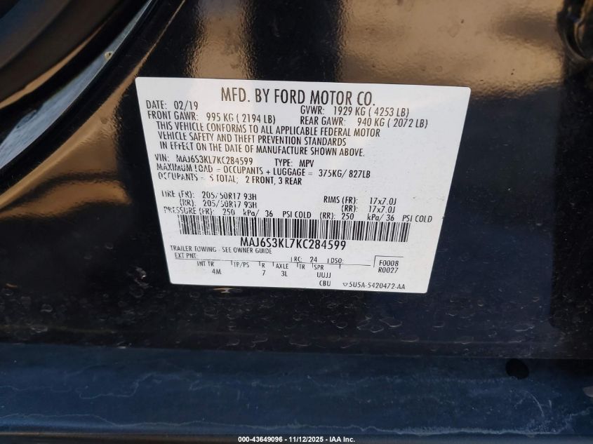 2019 Ford Ecosport Titanium VIN: MAJ6S3KL7KC284599 Lot: 43649096