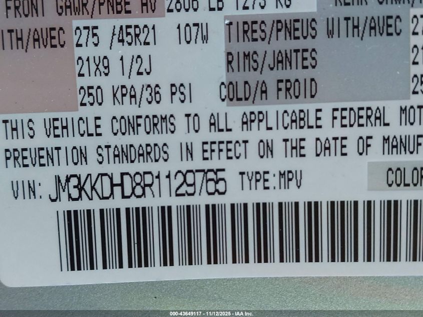 2024 Mazda Cx-90 3.3 Turbo Premium VIN: JM3KKDHD8R1129765 Lot: 43649117