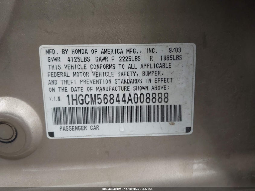 1HGCM56844A008888 2004 HONDA ACCORD photo no. 9