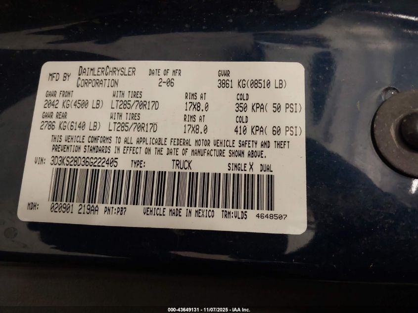 2006 Dodge Ram 2500 St/Slt VIN: 3D3KS28D36G222405 Lot: 43649131