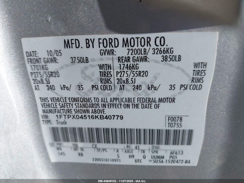 2006 Ford F150 VIN: 1FTPX04516KB40779 Lot: 43649152