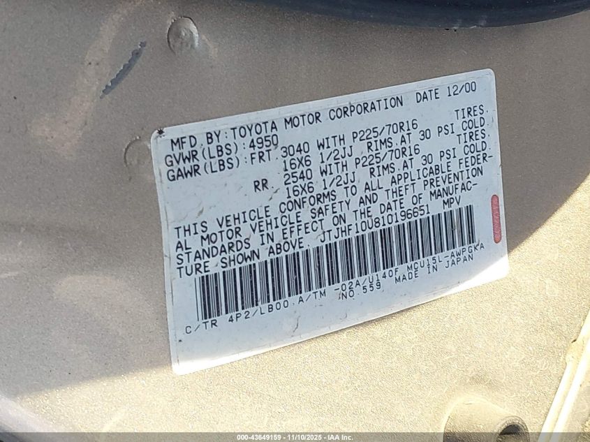 2001 Lexus Rx 300 VIN: JTJHF10U810196651 Lot: 43649159