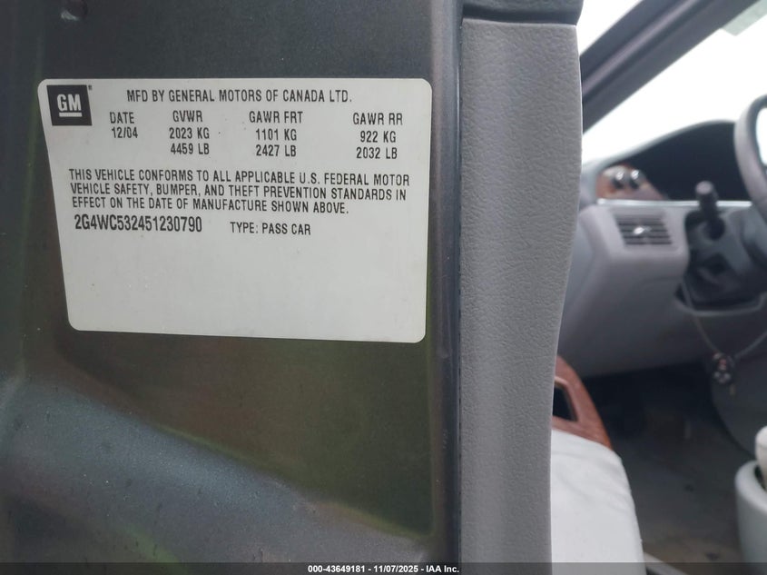 2005 Buick Lacrosse Cx VIN: 2G4WC532451230790 Lot: 43649181