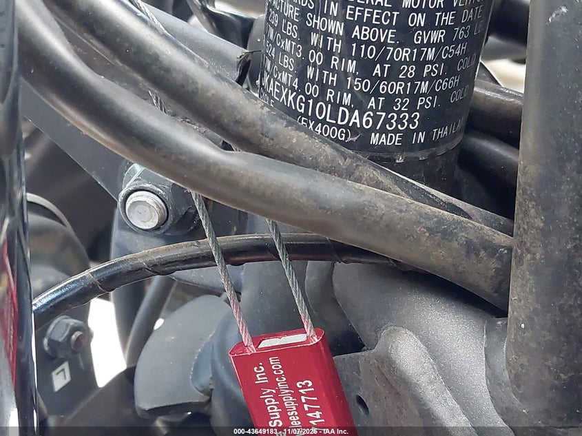 2020 Kawasaki Ex400 VIN: JKAEXKG10LDA67333 Lot: 43649183