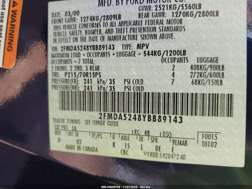 2000 Ford Windstar Se VIN: 2FMDA5248YBB89143 Lot: 43649194