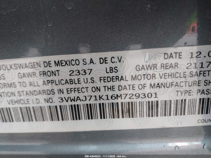 2006 Volkswagen Jetta 2.0T VIN: 3VWAJ71K16M729301 Lot: 43649223