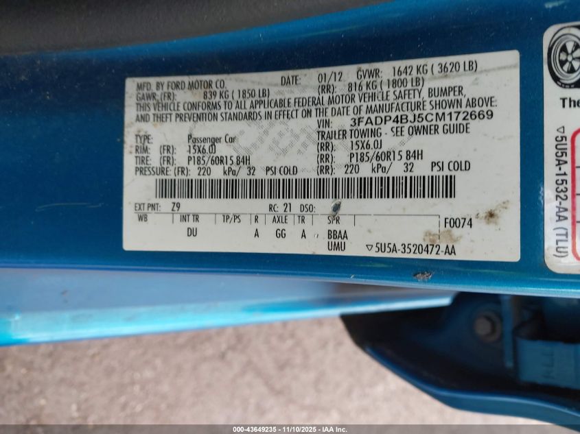 2012 Ford Fiesta Se VIN: 3FADP4BJ5CM172669 Lot: 43649235