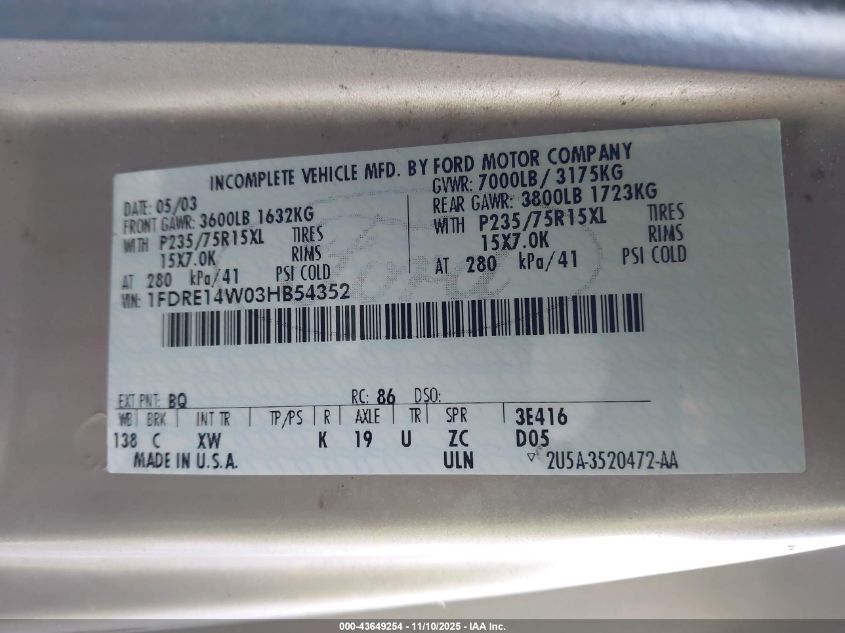 2003 Ford E-150 Recreational VIN: 1FDRE14W03HB54352 Lot: 43649254