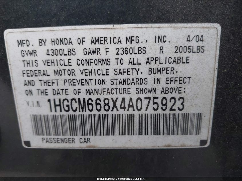 2004 Honda Accord 3.0 Ex VIN: 1HGCM668X4A075923 Lot: 43649256