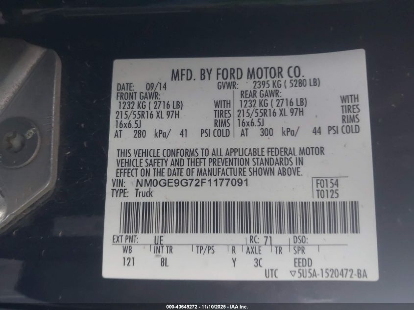 2015 Ford Transit Connect Titanium VIN: NM0GE9G72F1177091 Lot: 43649272