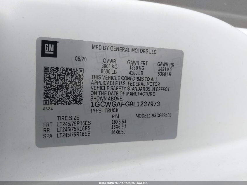 2020 Chevrolet Express Cargo Rwd 2500 Regular Wheelbase Wt VIN: 1GCWGAFG9L1237973 Lot: 43649275