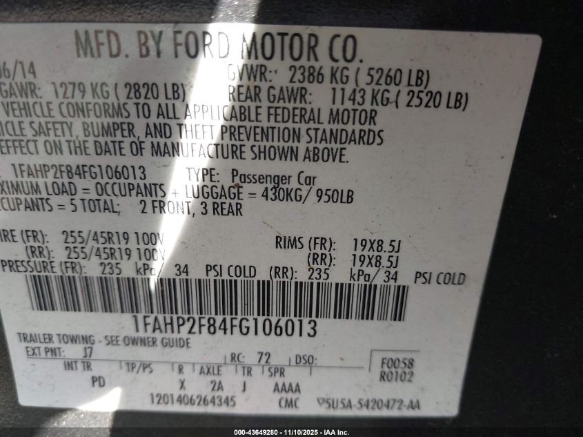 2015 Ford Taurus Limited VIN: 1FAHP2F84FG106013 Lot: 43649280