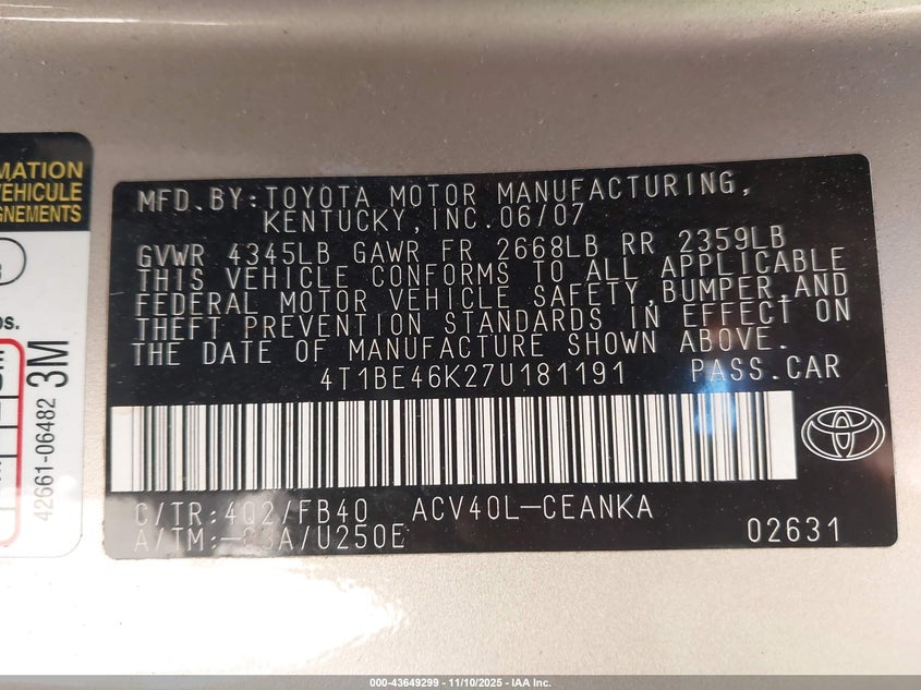 4T1BE46K27U181191 2007 TOYOTA CAMRY photo no. 9