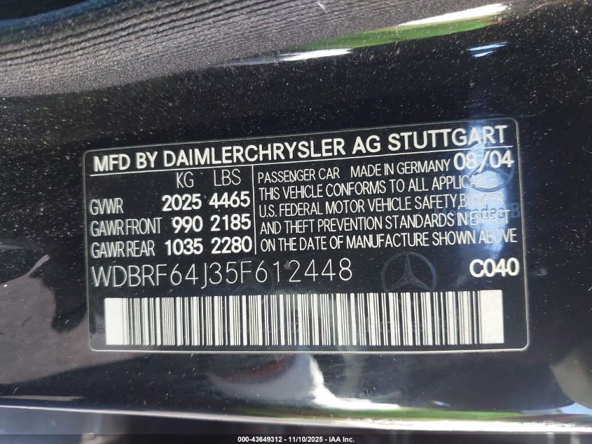 2005 Mercedes-Benz C 320 Luxury/Sport VIN: WDBRF64J35F612448 Lot: 43649312