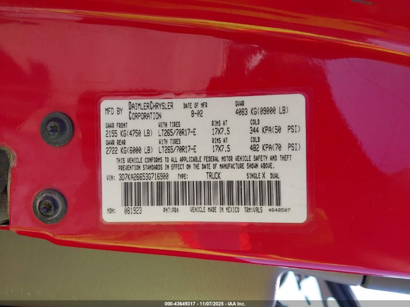 2003 Dodge Ram 2500 Slt/Laramie/St VIN: 3D7KA26653G716900 Lot: 43649317