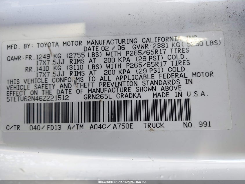 5TETU62N46Z221512 2006 TOYOTA TACOMA photo no. 9