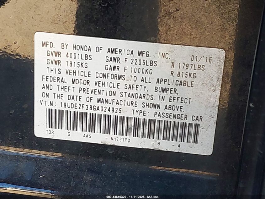 2016 Acura Ilx 2.4L/Acurawatch Plus Package VIN: 19UDE2F38GA024925 Lot: 43649329