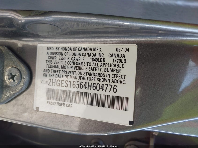 2HGES16564H604776 2004 HONDA CIVIC photo no. 9