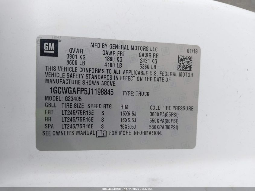 2018 Chevrolet Express 2500 Work Van VIN: 1GCWGAFP5J1198845 Lot: 43649339