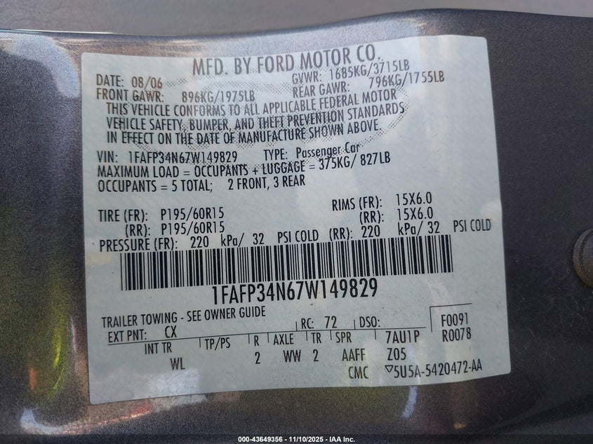 1FAFP34N67W149829 2007 FORD FOCUS photo no. 9