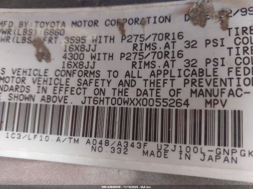 1999 Lexus Lx 470 VIN: JT6HT00WXX0055264 Lot: 43649358