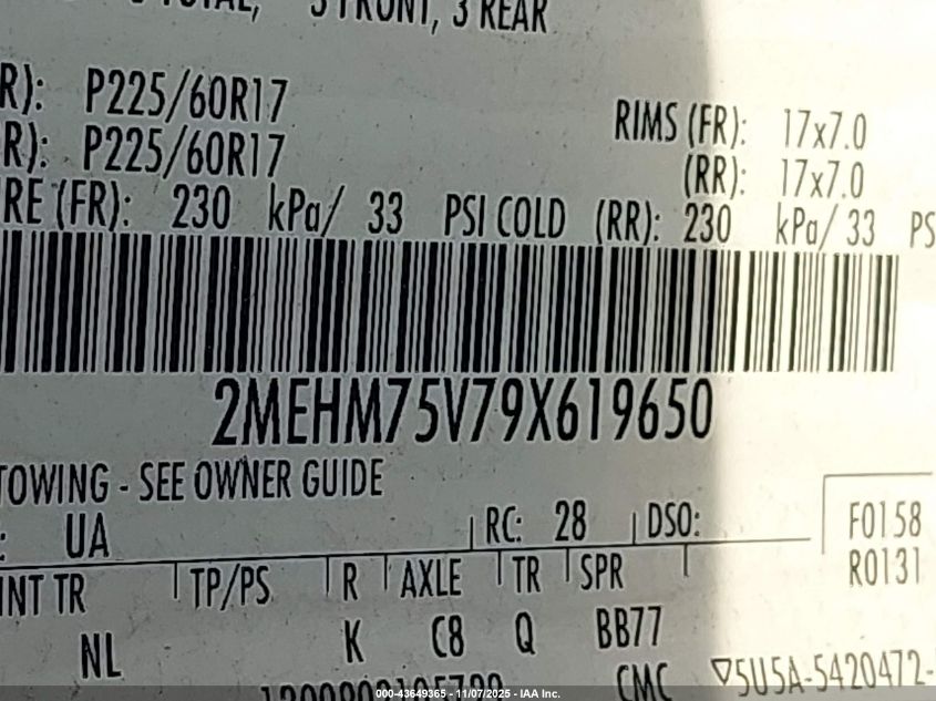 2009 Mercury Grand Marquis Ls (Fleet Only) VIN: 2MEHM75V79X619650 Lot: 43649365