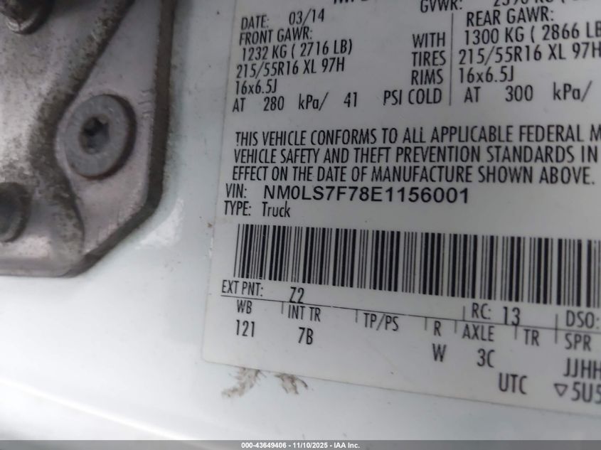 2014 Ford Transit Connect Xlt VIN: NM0LS7F78E1156001 Lot: 43649406